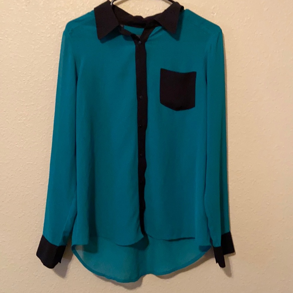 Sheer ocean blue button up from Guess